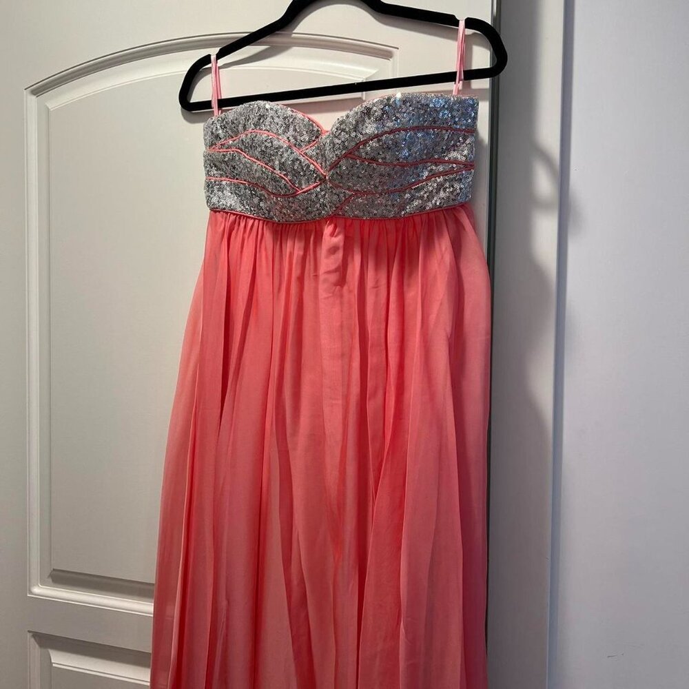 Pink and silver sequin strapless prom dress